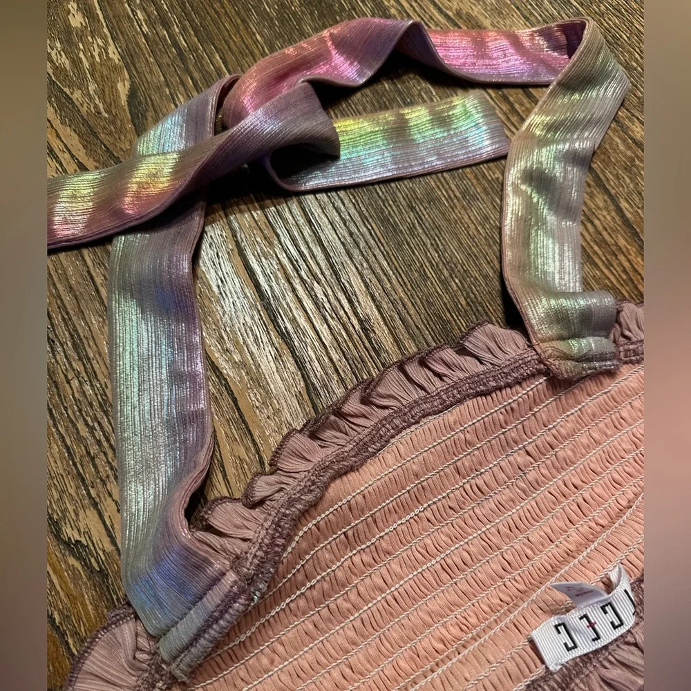 Rainbow Pink Metallic Matching Set Halter Top and Shorts TCEC